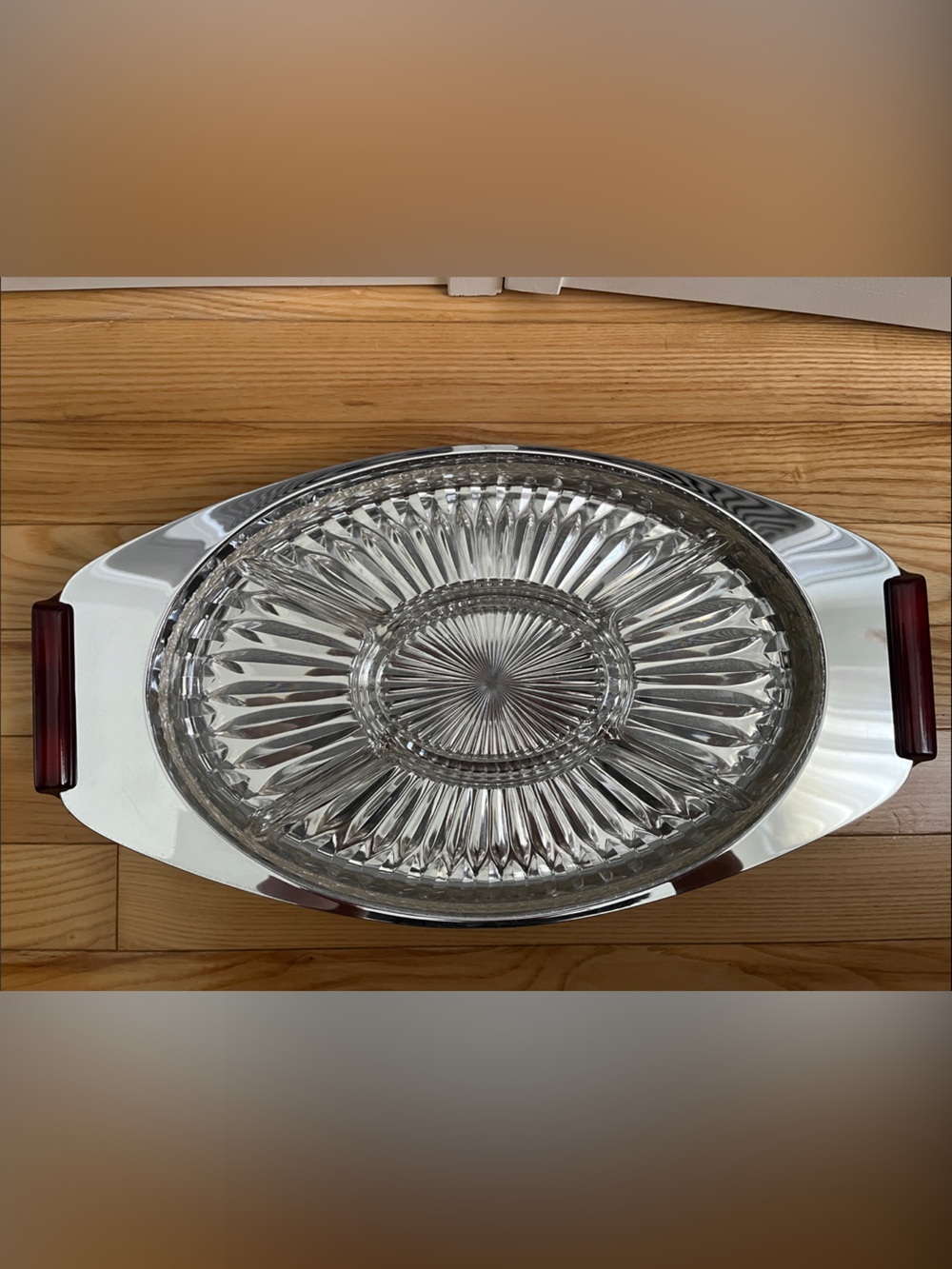 Vintage MCM Glo-Hill Gourmates Chrome & Red Bakelite Glass Relish Tray